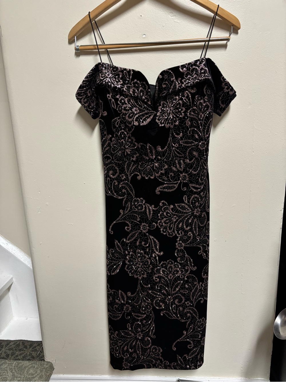 Premier Black Velvet Off-Shoulder Dress with Rose-Gold Floral Sparkles
